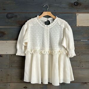 NWOT Zara Crochet Laced Knit Babydoll Top Size M Cream Short Sleeves